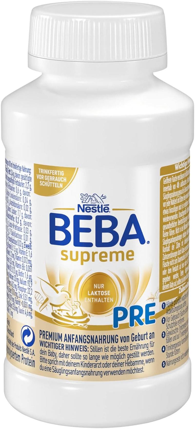 BEBA SUPREME PRE Leche inicial lista para tomar desde el nacimiento, papilla con DHA, solo lactosa, sin aceite de palma, pack de 8 (8 x 200 ml) Madre e Hijo Naty Shop