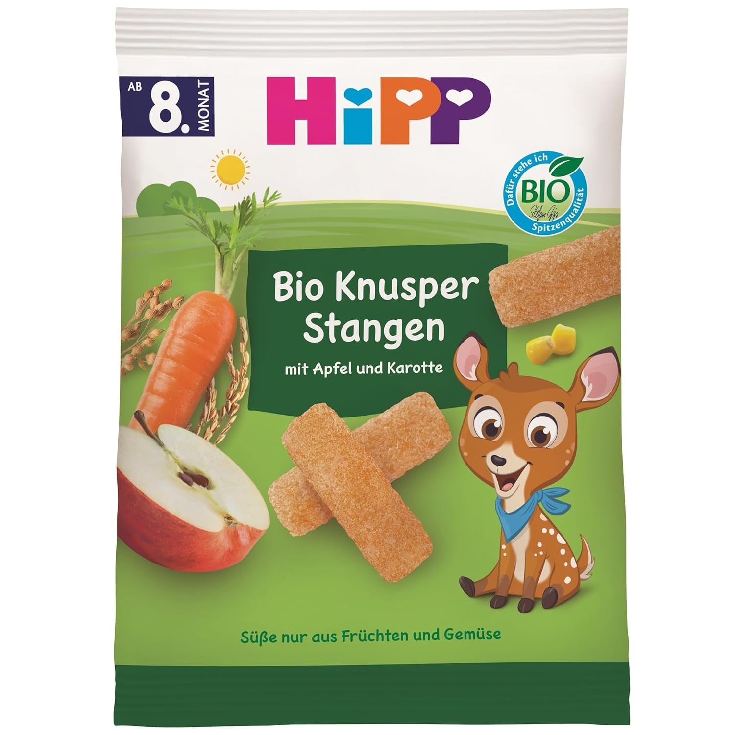 HiPP Bio Knusper Stangen Apple Karotte (7 x 30 g), Babysnack ab 8. Monat, Süße nur aus Früchten und Gemüse, sin gluten, en la mejor calidad biológica