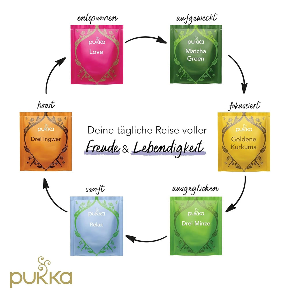Set cadou ceai Pukka, cutie ceai organic Premium Selection „Wellness Von Früh Bis Spät”, matcha, curcuma, set ceai, idee cadou, 6 variante, 90 pliculețe de ceai