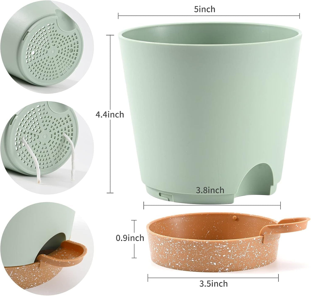 Ghivece de flori, 6 bucăți, 12,7 cm, jardiniere cu auto-udare, drenaj ridicat, ghivece de flori pentru interior și exterior, cu tavă rezervor și margine de udare, jardinieră de grădină, grădină