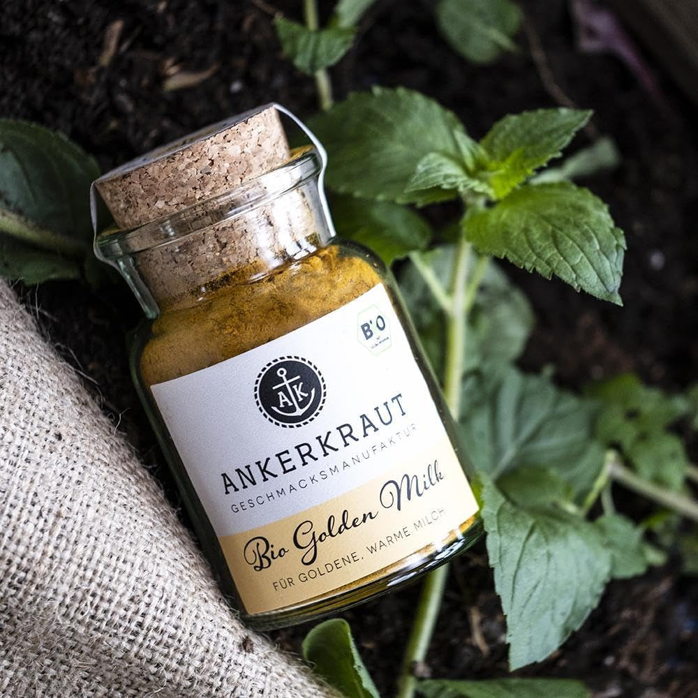 Ankerkraut Bio Golden Milk, Gewürz für goldene Milch, con cúrcuma, Zimt und Ingwer, 75 g en vaso con corcho