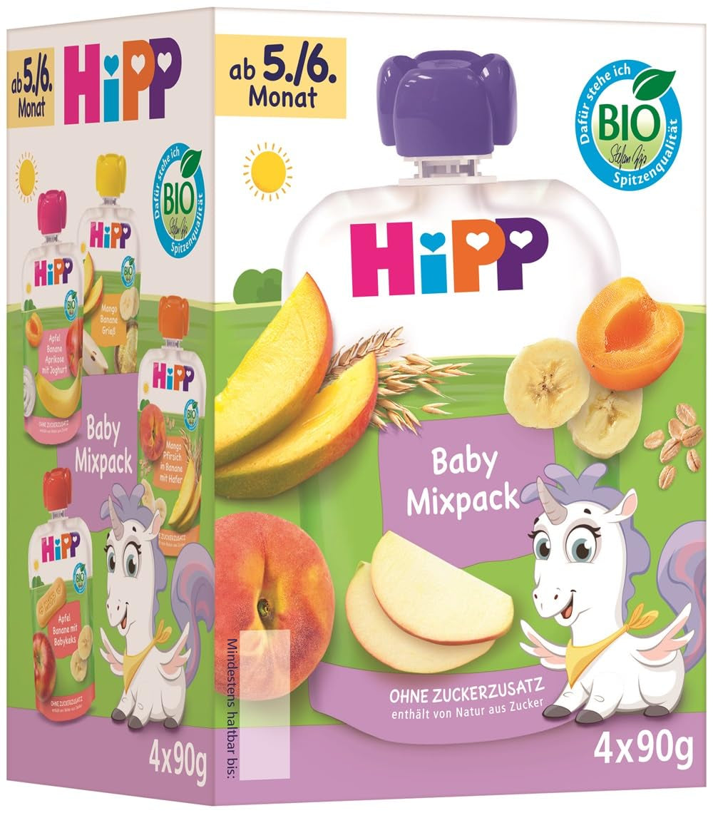 HiPP Bolsas exprimibles orgánicas, paquete mixto, 16 piezas (4 paquetes de 4 x 90 g cada uno), para bebés de 5/6 meses, cuatro deliciosos sabores, sin azúcar añadido, la mejor calidad orgánica