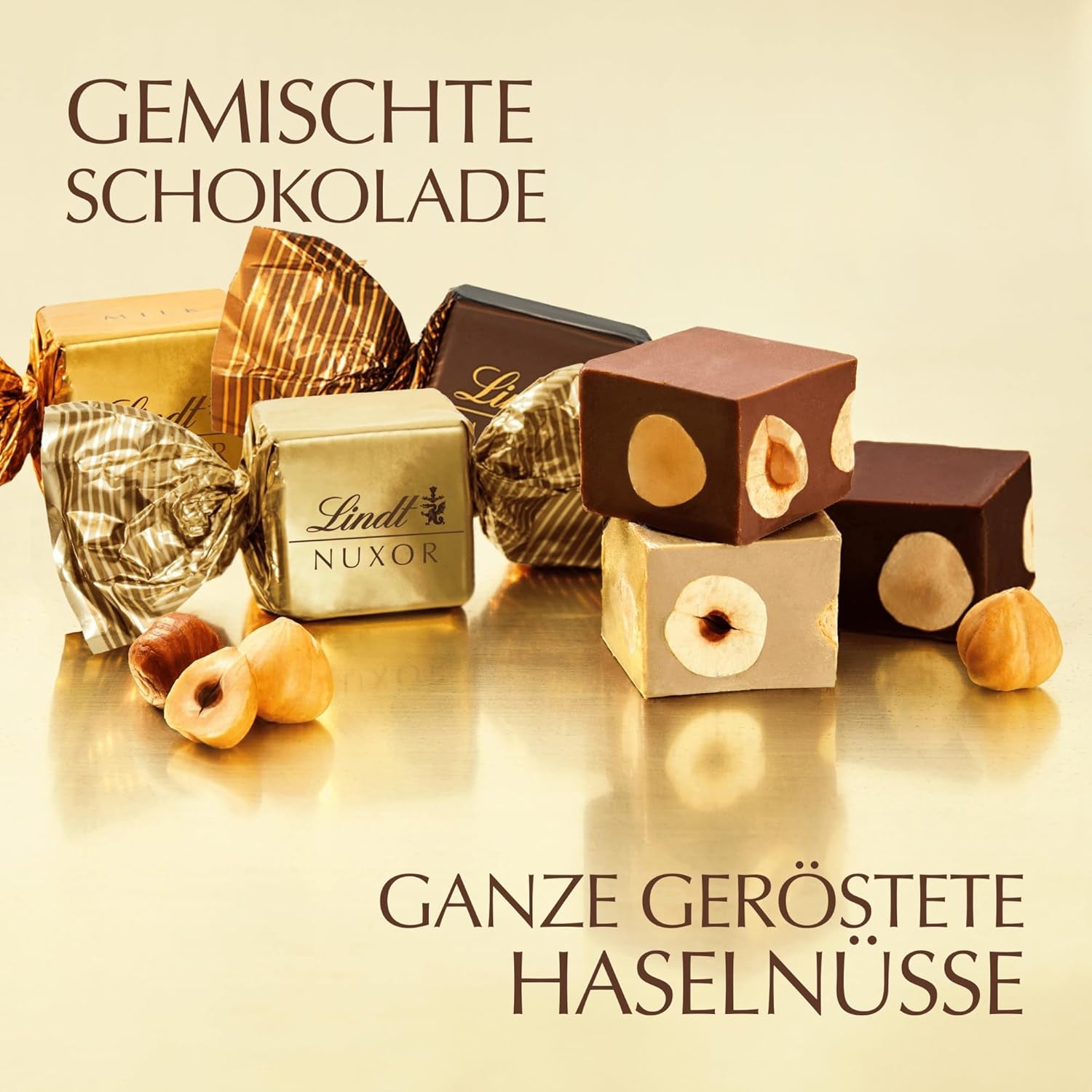 Chocolate Lindt | Mezcla para bolso NUXOR | 103g | Cubitos de Chocolate Cremoso Gianduja en Tres Surtidos con Avellanas Enteras Tostadas | regalo de chocolate