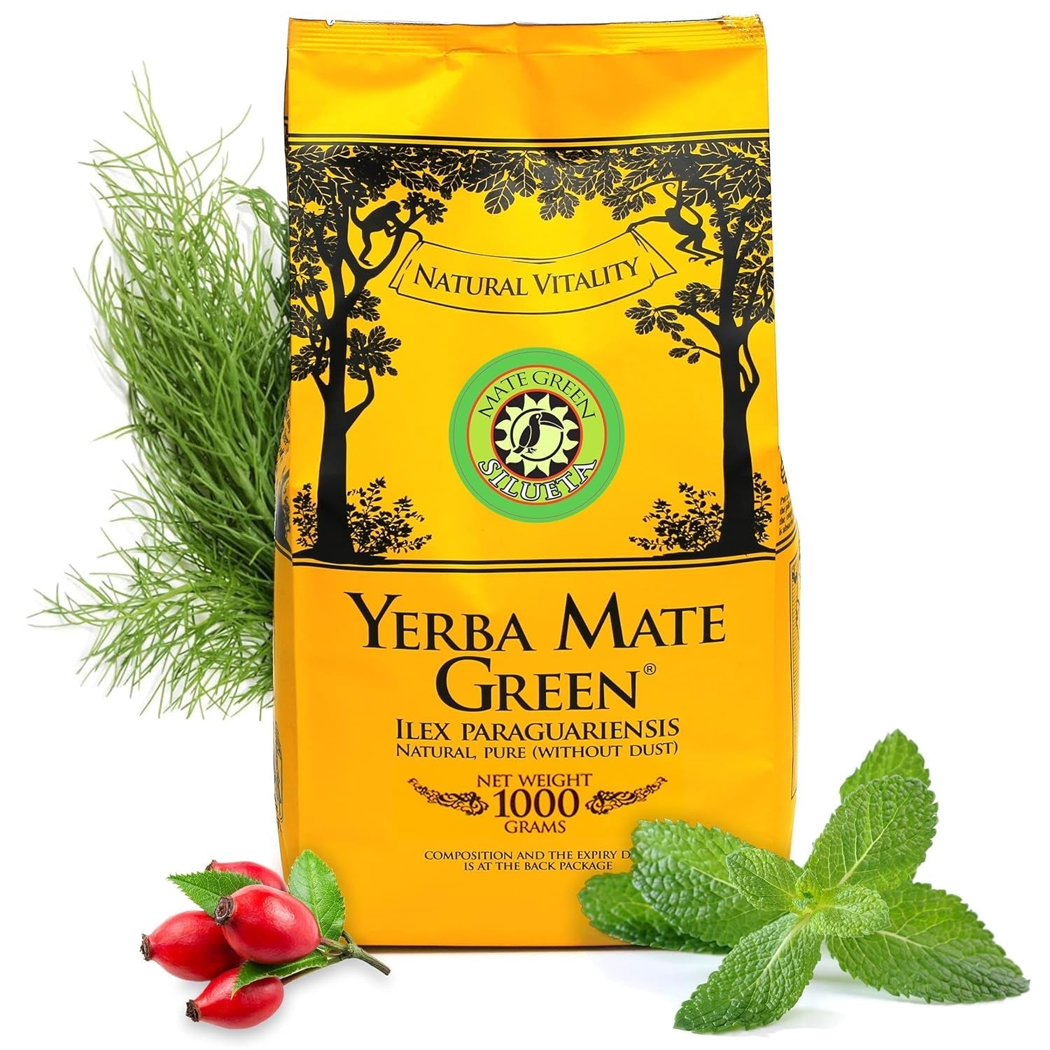 Yerba  Silueta 1000 G ● Ceai Mate ușor dulce și acru ● Cu frunze de mentă, măceșe ● Aromă de fenicul și mere ● Calitate superioară Pachet mare ● Ceai Mate Loose Leaf 1Kg + El Pajaro 50G