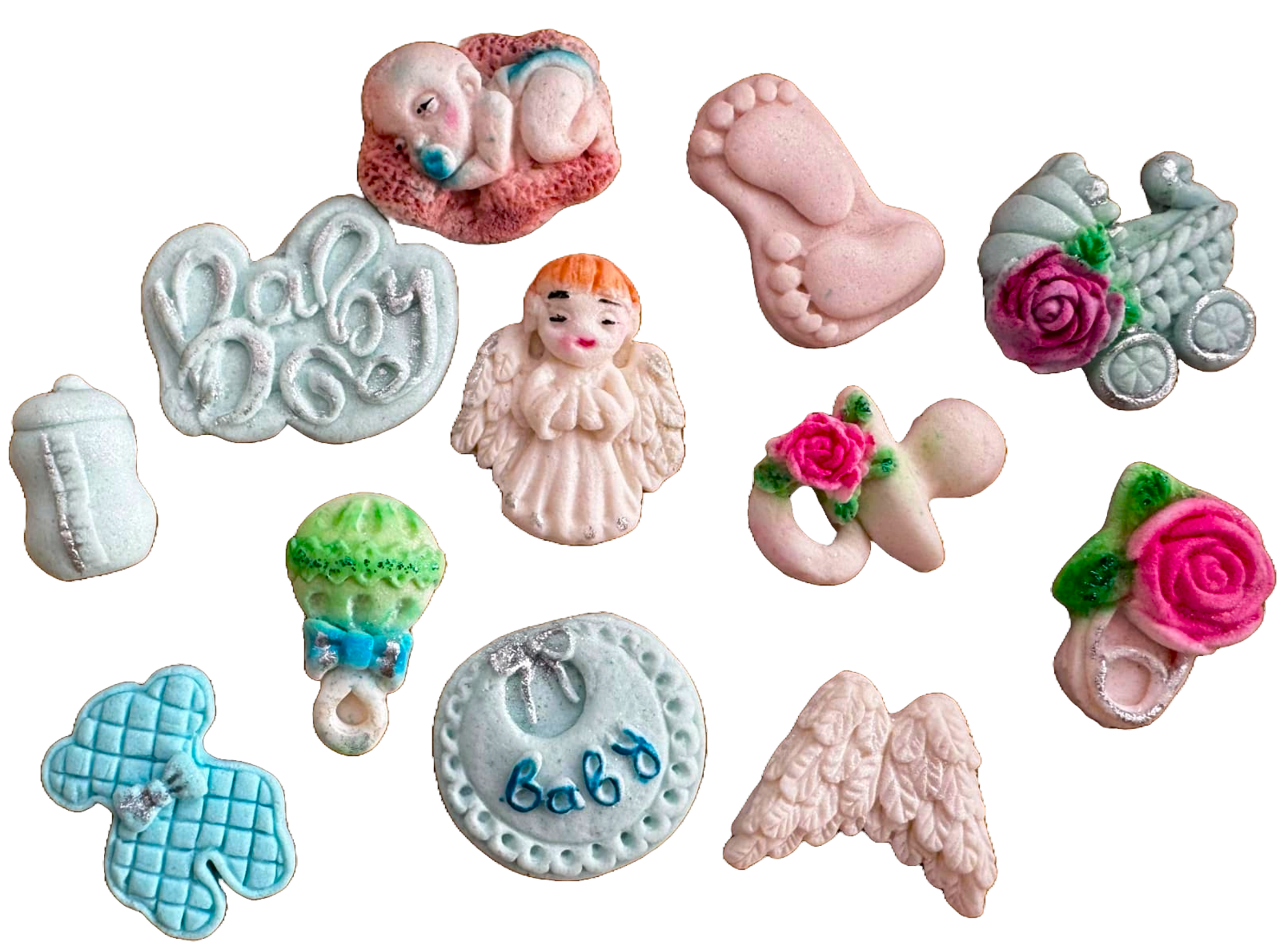 Set 12 decoratiuni comestibile din pasta de zahar, Botez Decoratiuni din Pasta de Zahar Naty Shop
