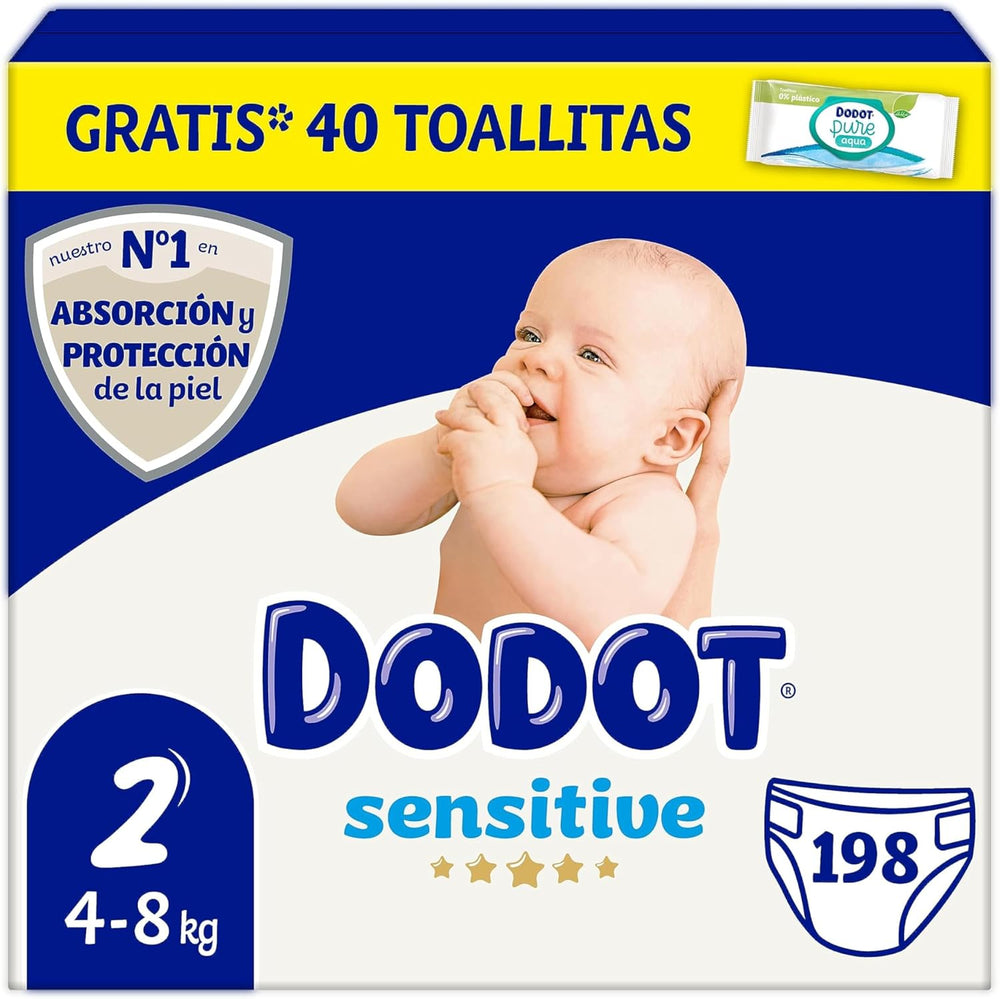 Pañales Sensitive Baby Talla 2 (4-8 kg), 198 pañales + 1 paquete de 40 toallitas limpiadoras gratis, Total Aqua Care, absorbencia y protección de la piel, paquete mensual