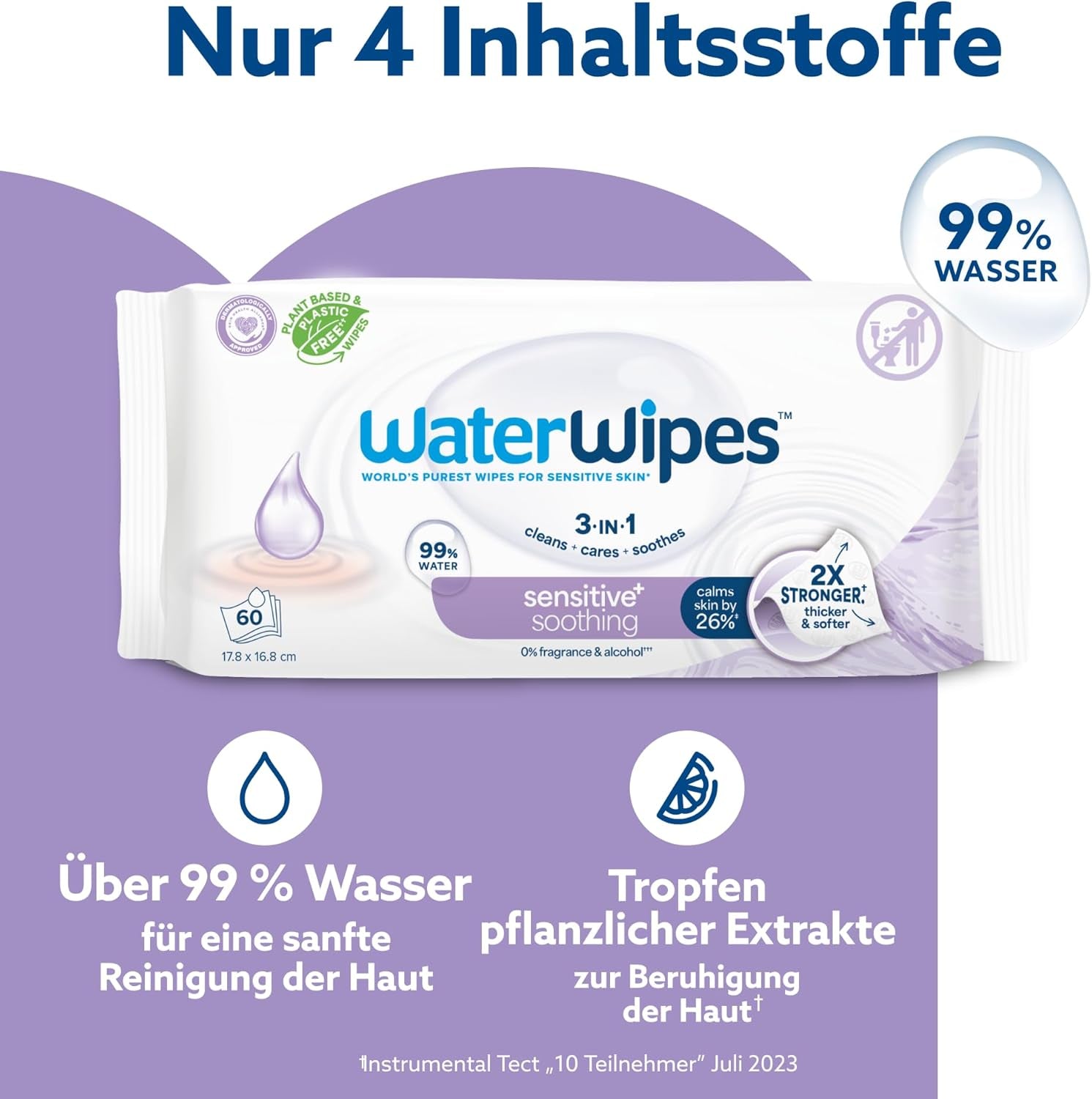 WaterWipes Sensitive+ Soothing Clean 360 piezas (paquete de 6) 3 en 1 limpieza, cuidado y calmante 99% agua con extracto de plantas toallitas para bebés sin perfume