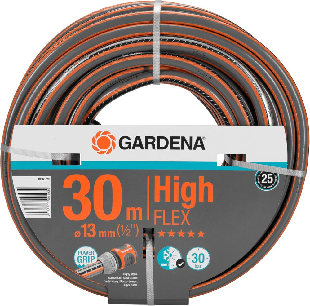 Furtun Gardena Comfort HighFLEX 13 mm (1/2 inch), 30 m: Furtun de grădină cu profil Power-Grip, presiune de spargere de 30 bar, stabil dimensional, rezistent la UV (18066-20) negru