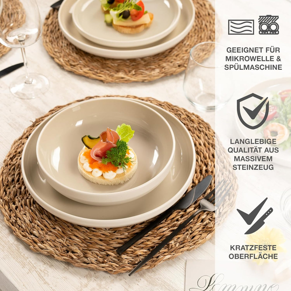 Set de veselă din gresie Moritz & Moritz CAVO pentru 12 persoane, 36 de piese - Serviciu de masă modern în culoarea nisipului - Set combinat ușor de întreținut cu farfurii și boluri - Serviciu de cafea