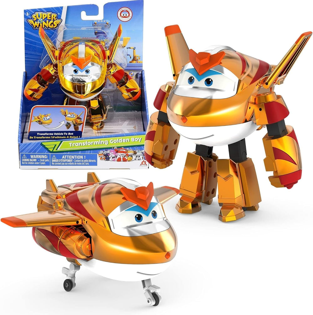 Avión de transformación Super Wings Traver sobrealimentado, aprox. Figura de juego para niños grande de 12,7 cm Figura de avión y robot de juguete para niños y niñas mayores de 3 años Figuras de acción plateadas Naty Shop The Golden Boy