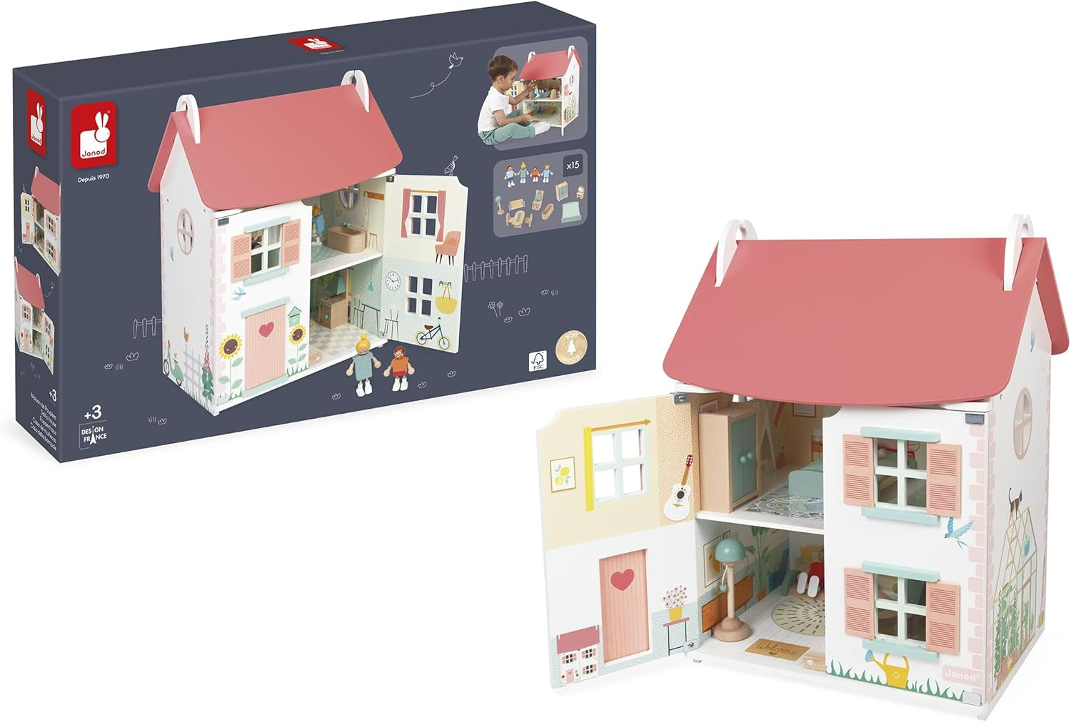 Janod – Prima mea casă de păpuși din lemn – 10 accesorii – Mobilier pentru păpuși – Uși magnetice și acoperiș detașabil – Jucărie din lemn certificat FSC – Vârste 3+
