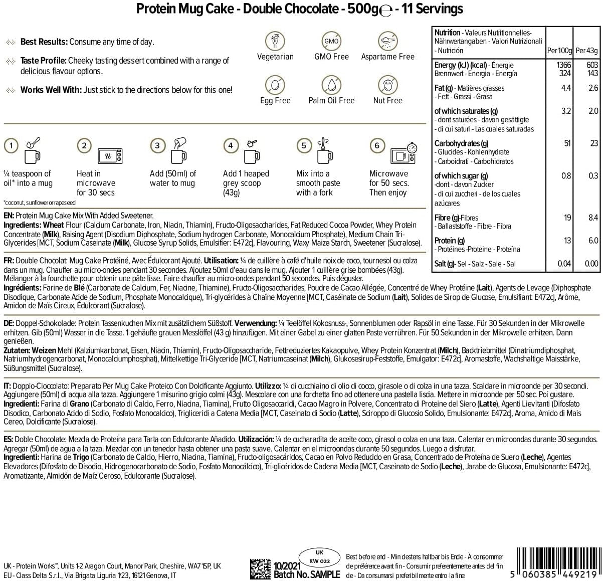 Protein Works Protein Tassenkuchen | Crema de chocolate | Este Köstliche Nachtisch es Sehr Protein- Und Ballaststoffreich| Mezcla para hornear y cocinar 500G Naty Shop
