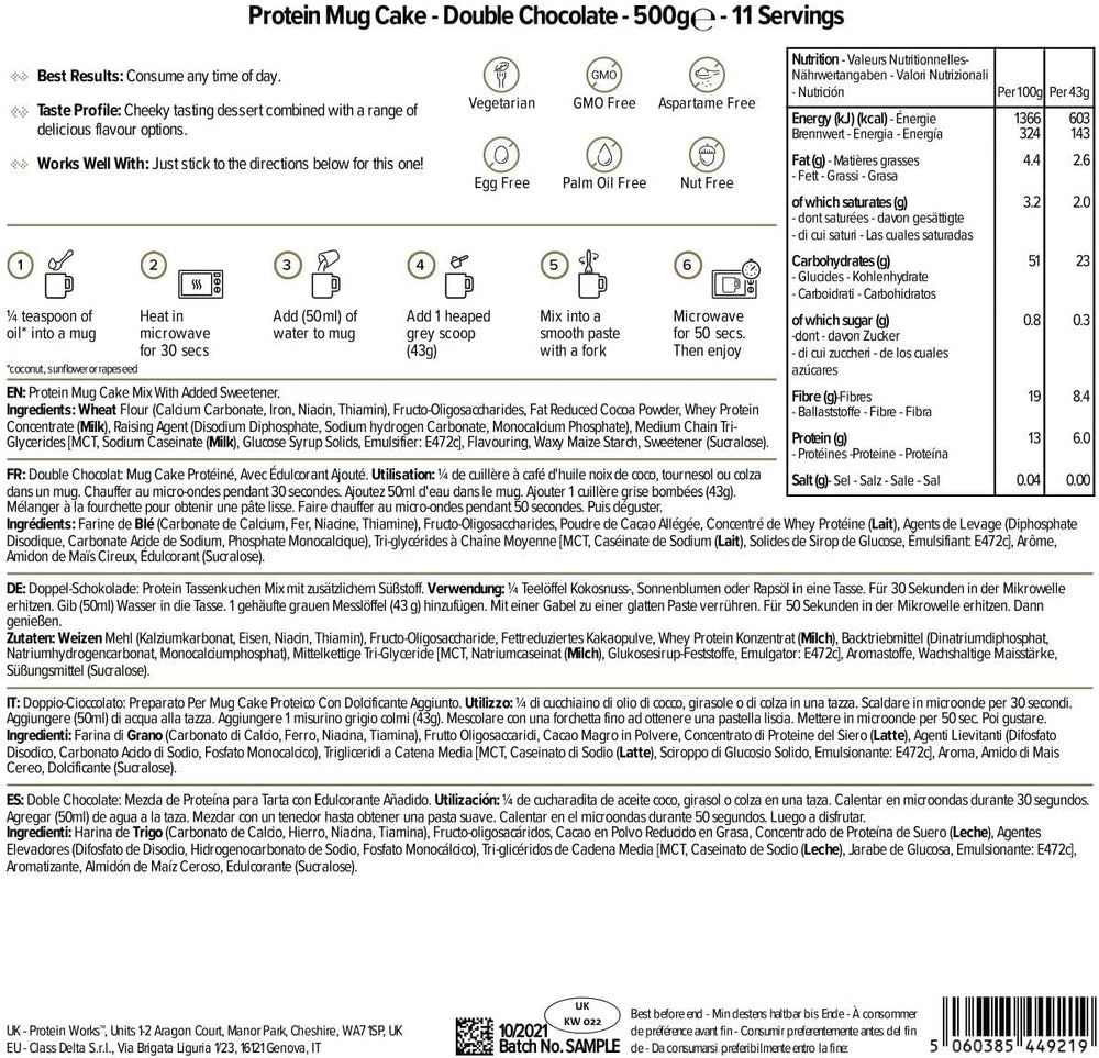 Protein Works Protein Tassenkuchen | Crema de chocolate | Este Köstliche Nachtisch es Sehr Protein- Und Ballaststoffreich| Mezcla para hornear y cocinar 500G Naty Shop