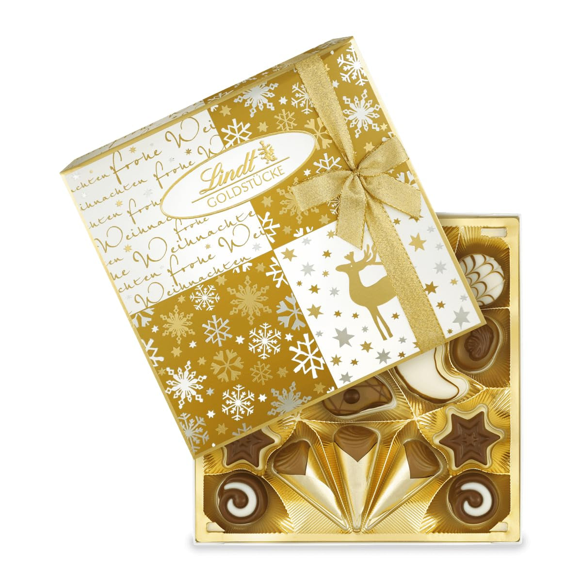 Chocolate Lindt | Caja de bombones Gold Pieces | 180 g | 18 bombones en 10 surtidos como fino surtido de bombones, algunos con alcohol | Caja regalo premium con bombones navideños