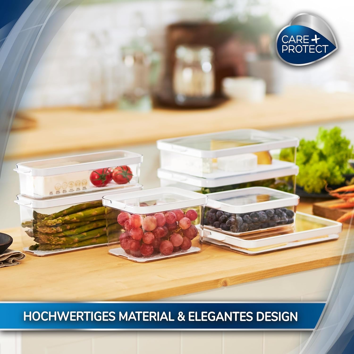 CARE + PROTECT Recipient inteligent pentru alimente, perfect stivuibil, organizator pentru frigider, protejează alimentele de umiditate, păstrează alimentele proaspete mai mult timp, 2,15 l Cutii depozitare alimente Naty Shop