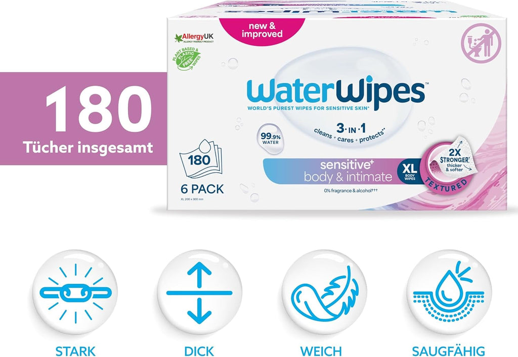 Waterwipes Adult Care Body & Intimate Hygiene Wipes, 180 șervețele (6 pachete), 99,9% apă, 3-In-1 Curăță, Hrănește, Protejează, Neparfumate, Ambalajul poate varia