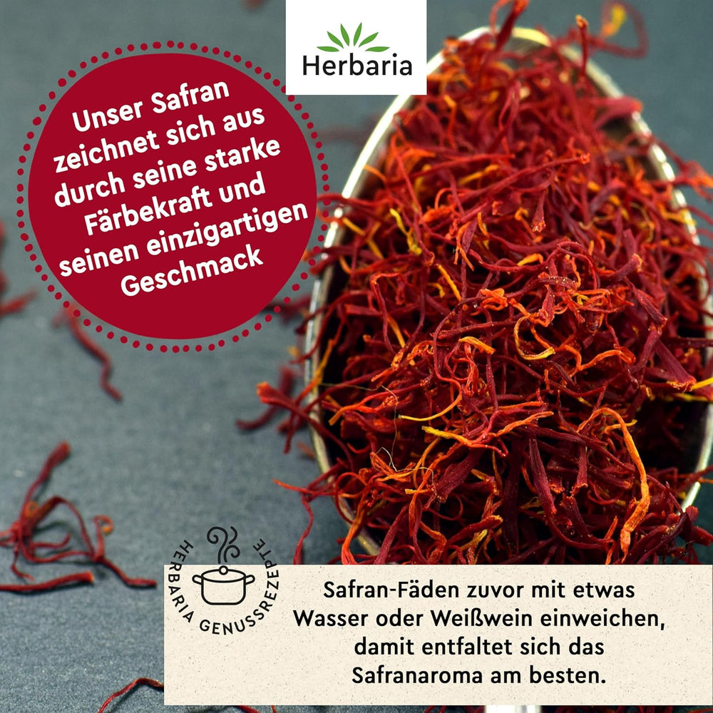 Herbaria Safran-Fäden bio 0,5g im Glas – Bio Saffron-Fäden aus dem bereicht Safran-Ort Taliouine in Marokko – Safranfäden in Premium Bio-Qualität – Saffron Premium - Safran première catégorie