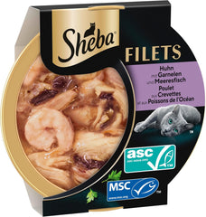 SHEBA Filets Adult Katzenfutter in Sauce mit Huhn, Hochseefisch und Garnelen 16 x 60g Schale