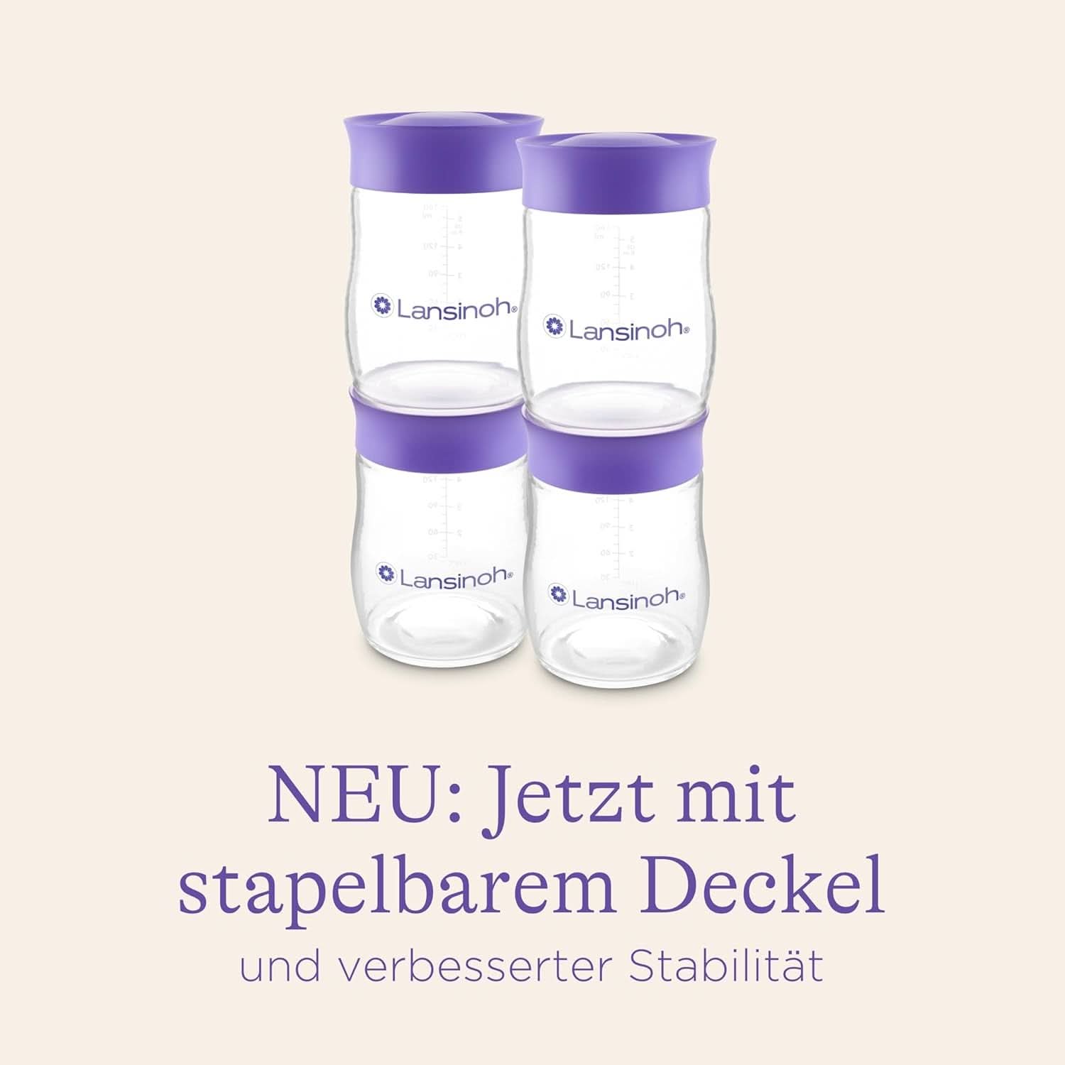 Lansinoh Muttermilchflaschen, 4 X 160 Ml - Zur Sicheren Muttermilch Austellungen - Neues Kompaktes Design Für Verbesserte Stabilität - Mit Stapelbarem Deckel Accesorios Alimentación y Lactancia Bebe Naty Shop