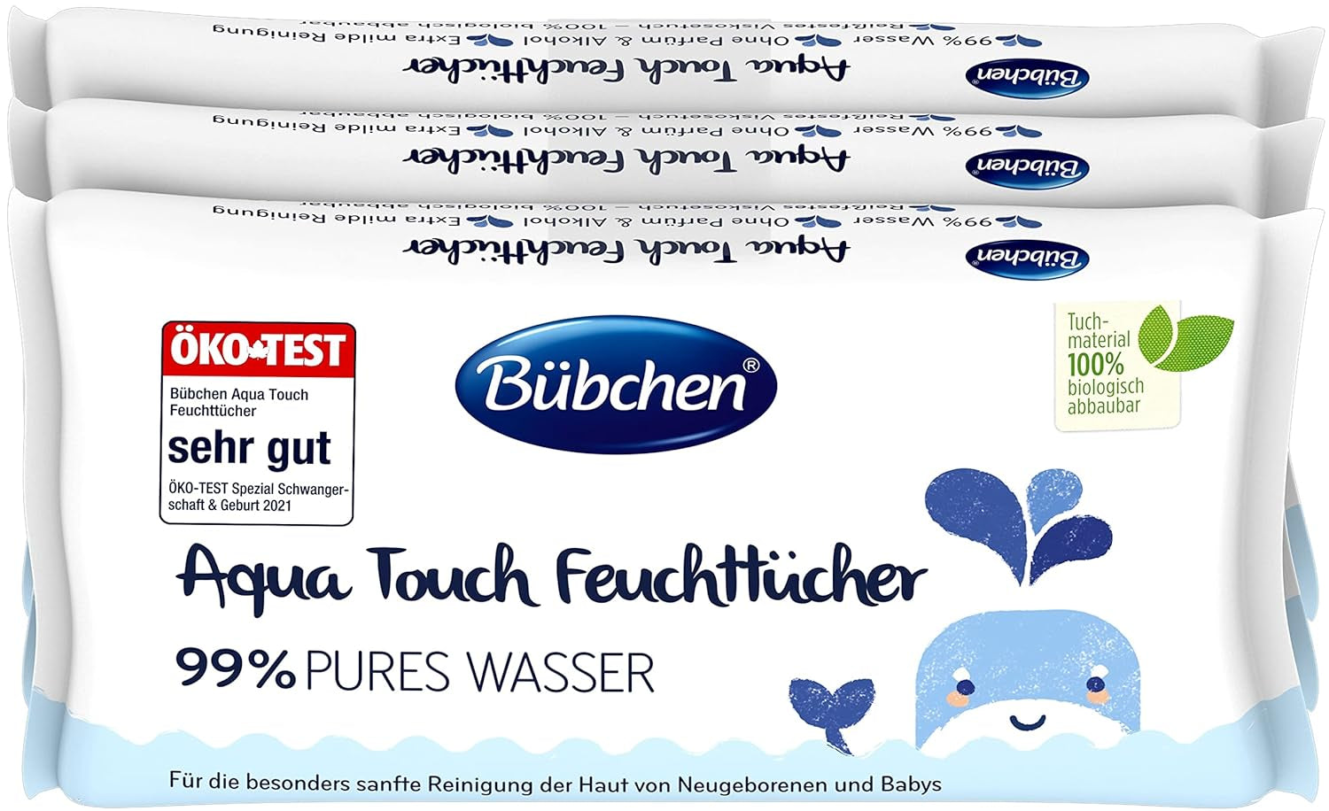 Bübchen Aqua Touch Toallitas húmedas para bebés 144 piezas (3 x 48) - Toallitas para el cuidado de la piel sensible con 99% de agua pura, toallitas húmedas para recién nacidos y bebés