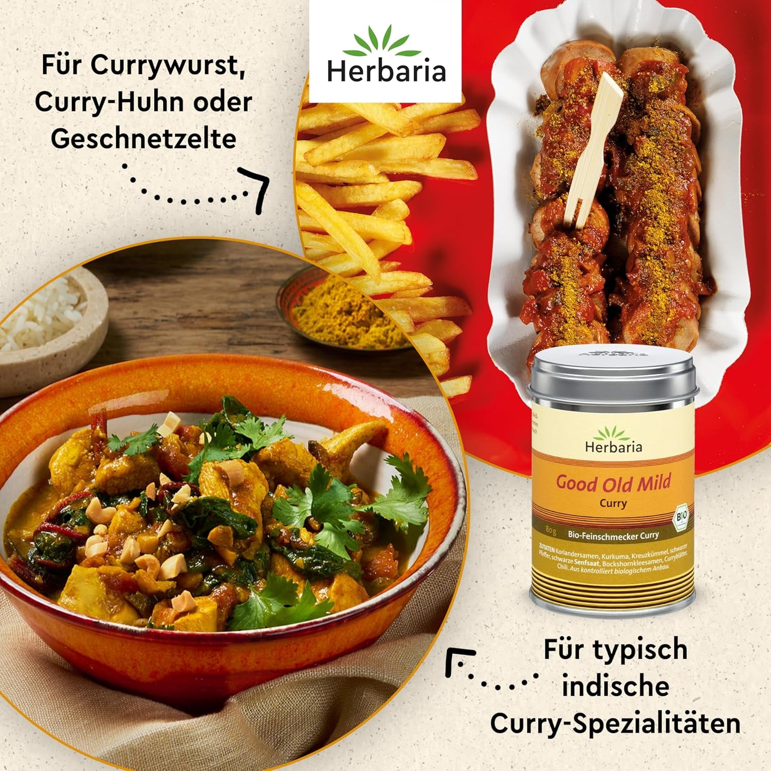 Herbaria Good Old Mild Curry bio 80g M-Dose – Currypulver, Currymischung - Bio-Gewürzmischung für klassische Curry-Spezialitäten z.B. Currywurst - erlesenen Ingrediente en nachhaltiger Aromaschutz-Dose