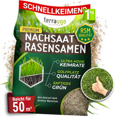 Terrauno - Rasensamen Schnellkeimend I Nachsaat Rasen I Extrem Hohe Keimrate I 1 Kg Für 50 M² I Rasensamen Trockenresistent Zur Schnellen Lückenschließung I Rasennachsaat RSM Qualität