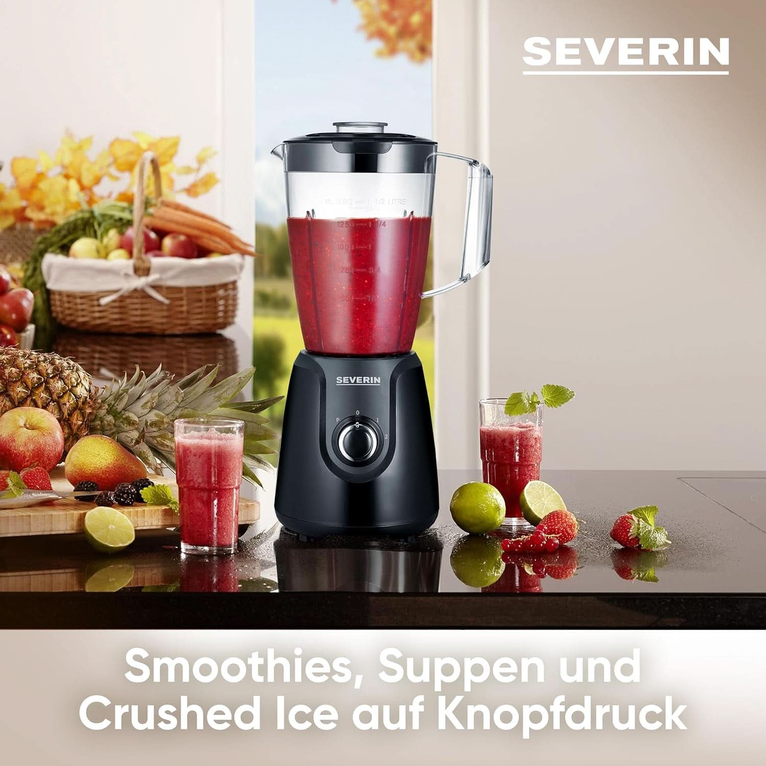 SEVERIN Batidora con base con 1,5 L Mixbehälter Aus Tritan, Batidora con 2 cosas y función de pulso, Leistungsstarker Küchenmixer Mit Edelstahlmesser, 600 W, Negro, SM 3707 Cocina Naty Shop