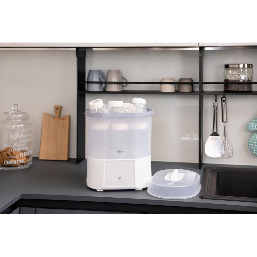 Sterilizator modular Chicco cu funcție de uscare, sterilizator pentru biberon, inel de dentiție și suzetă cu oprire automată, potrivit pentru cuptorul cu microunde, potrivit pentru sterilizarea a până la 6 biberoane de 330 ml