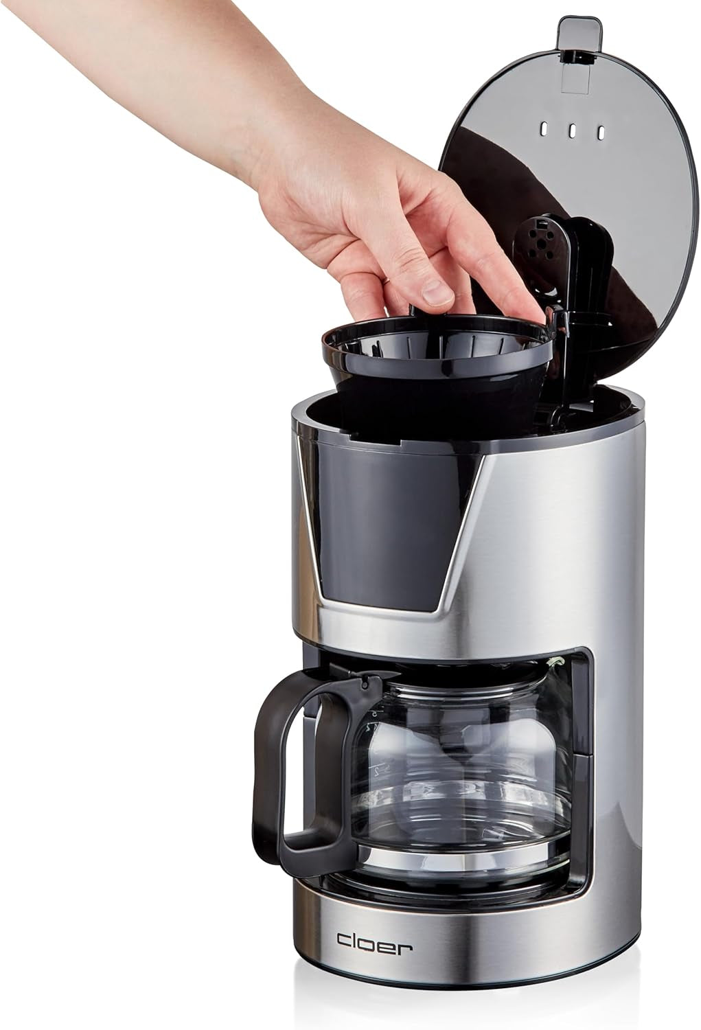 Espressor cu filtru Cloer pentru 6 cești, funcție delicată de menținere la cald, carafă din sticlă, lingură de măsurat, indicator al nivelului apei, sistem anti-picurare, oprire automată, dimensiune filtru 1x2, 550 W, oțel inoxidabil