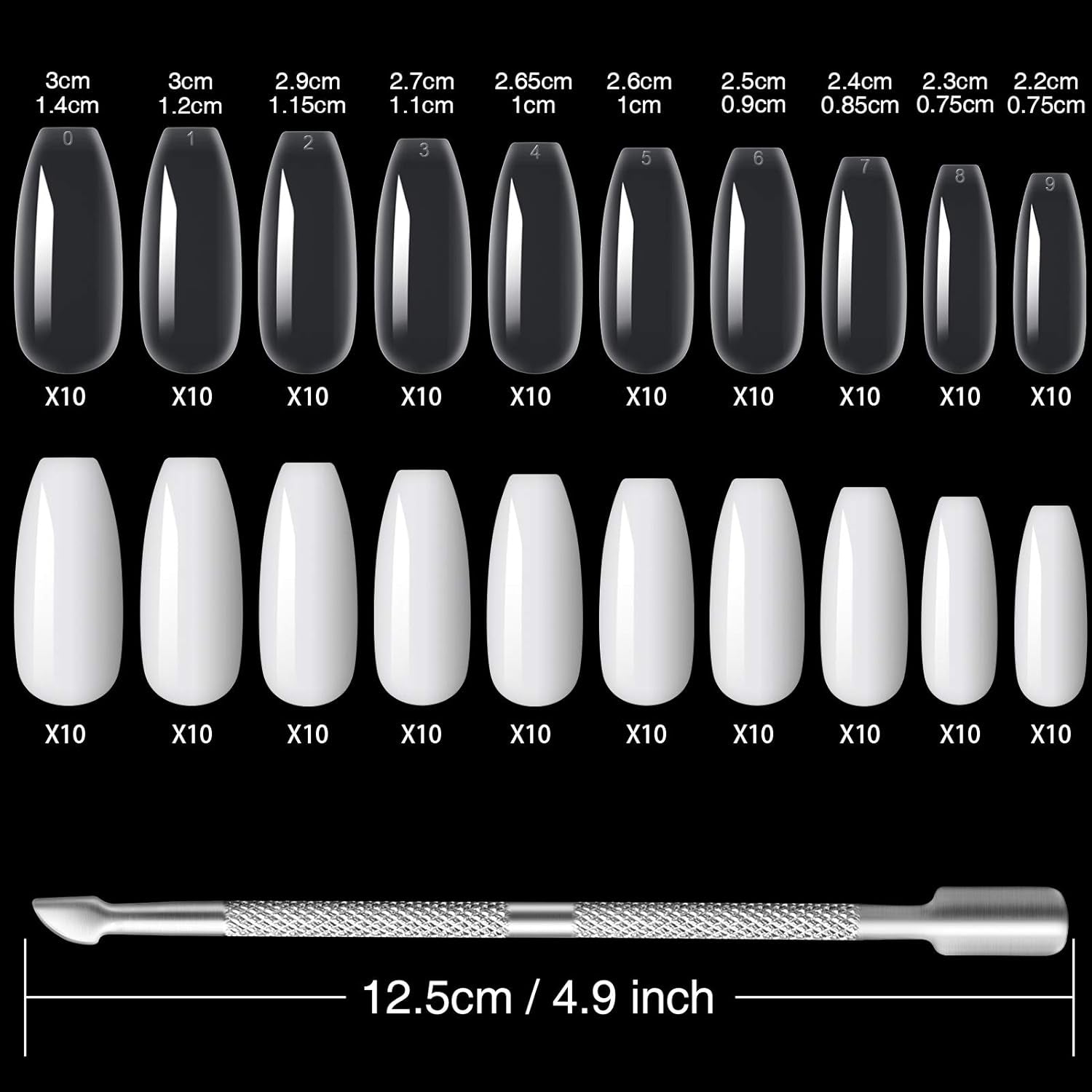 200 bucăți vârfuri de unghii false, 10 mărimi unghii artificiale acrilice cu împingător de cuticule și cutie transparentă pentru femei și fete (naturale și transparente)