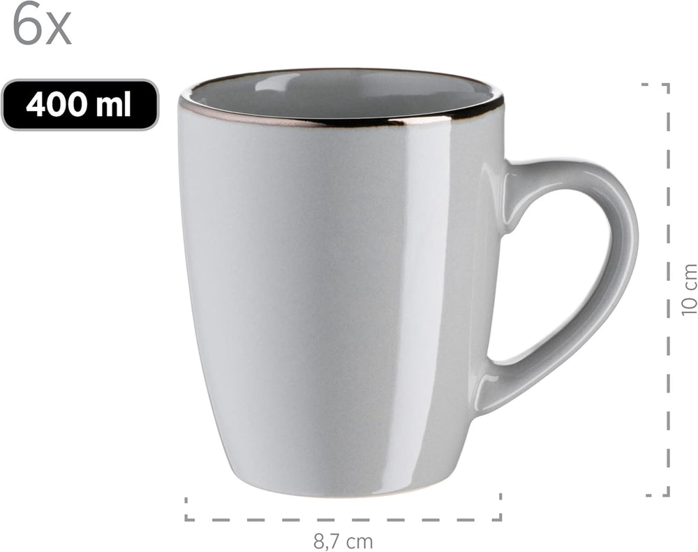 MÄSER Ramă metalică, Set de veselă modern pentru 6 persoane cu ramă de culoarea alamei, Serviciu combinat cu 24 de piese cu forme de cupe fără ramă, Gresie, Gri