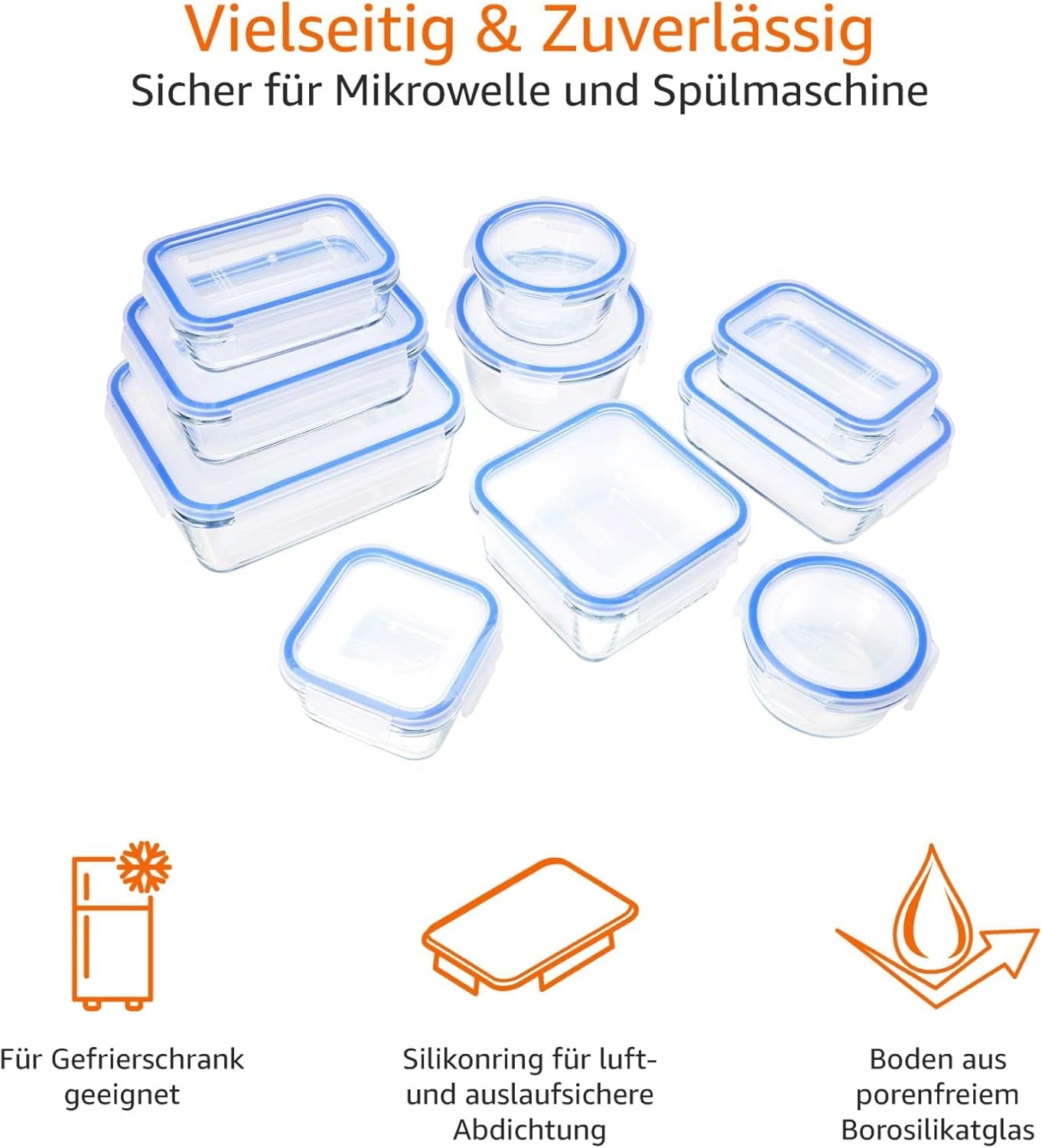 Amazon Basics recipiente de sticlă pentru alimente, cu capac, pachet de 20 (10 recipiente + 10 capace), fără BPA, albastru transparent Cutii depozitare alimente Naty Shop