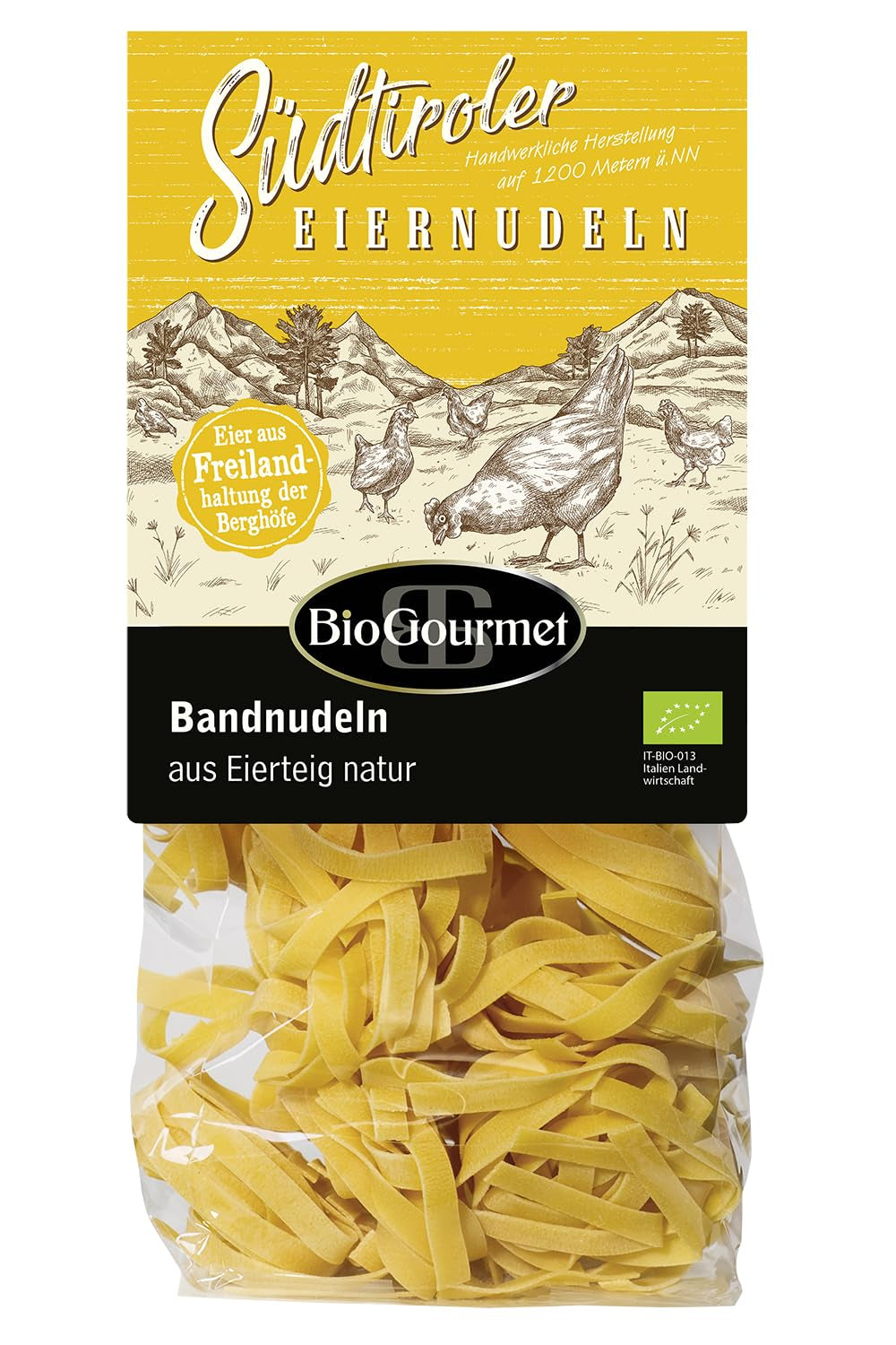 Fideos de cinta BioGourmet con Schüttelbrot del Tirol del Sur (IGP) | Fideos al huevo salados y aromatizados con auténtico speck del Tirol del Sur | 1 x 250g Bio