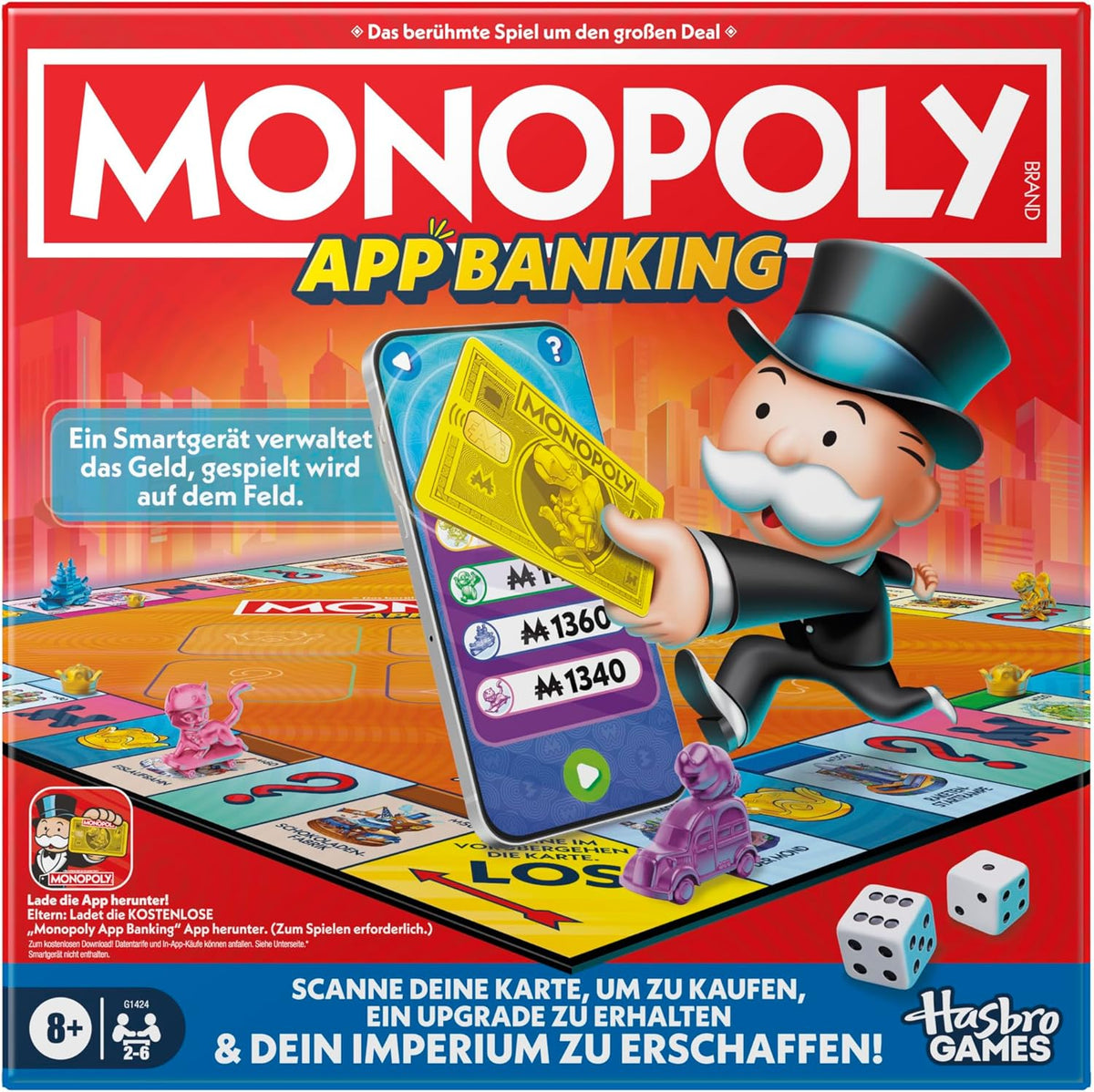 Monopoly Board Game App Banking: versión alemana, versión moderna del clásico juego electrónico para niños a partir de 8 años, de 2 a 6 jugadores
