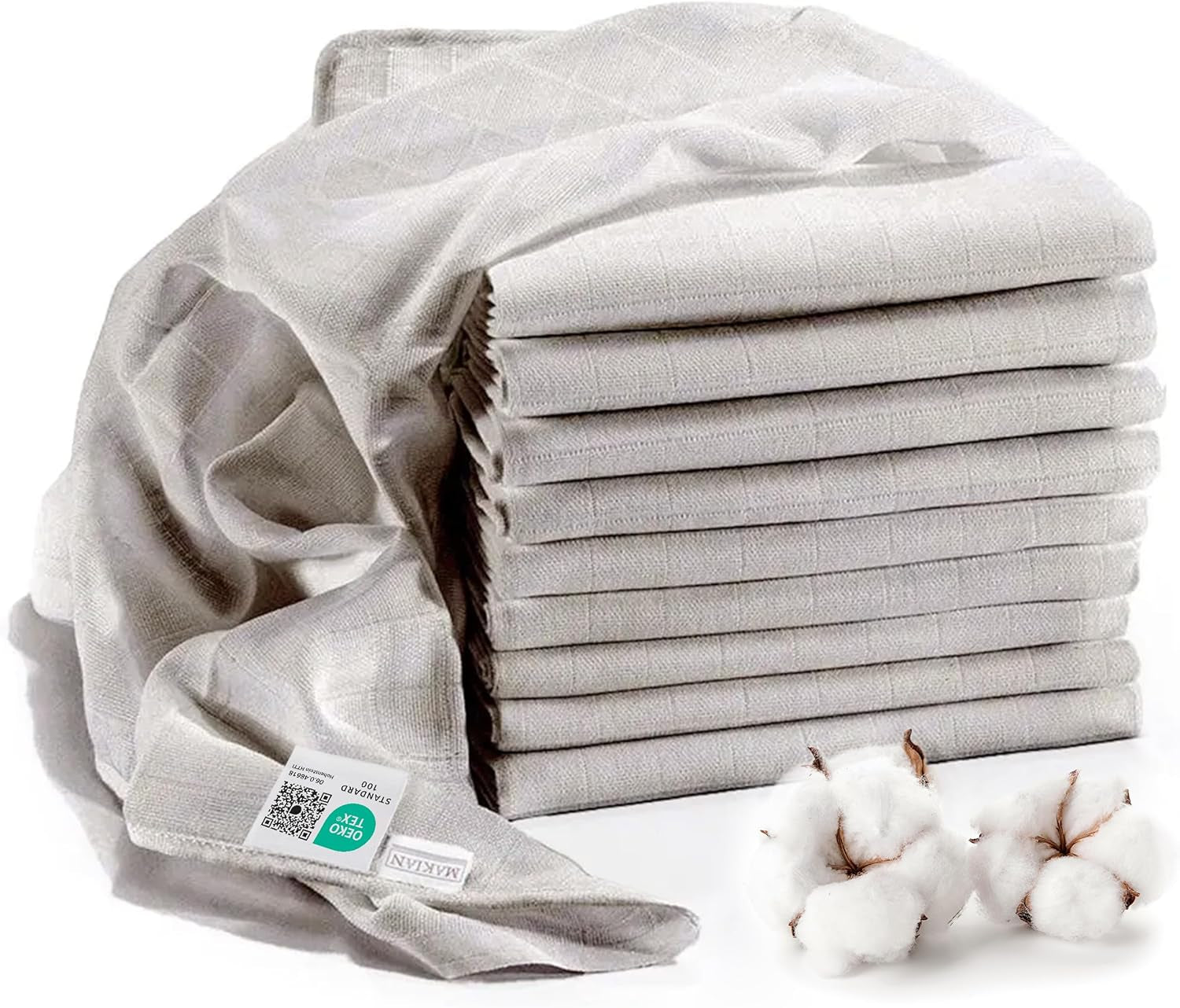 MAKIAN Cuadrados de muselina, paquete de 10, 80x80 cm, certificado Oeko-TEX® Standard 100, 10 paños para eructar de primera calidad - Cuadrados de tela de doble tejido / Cuadrados de muselina, resistentes a la ebullición - Blanco