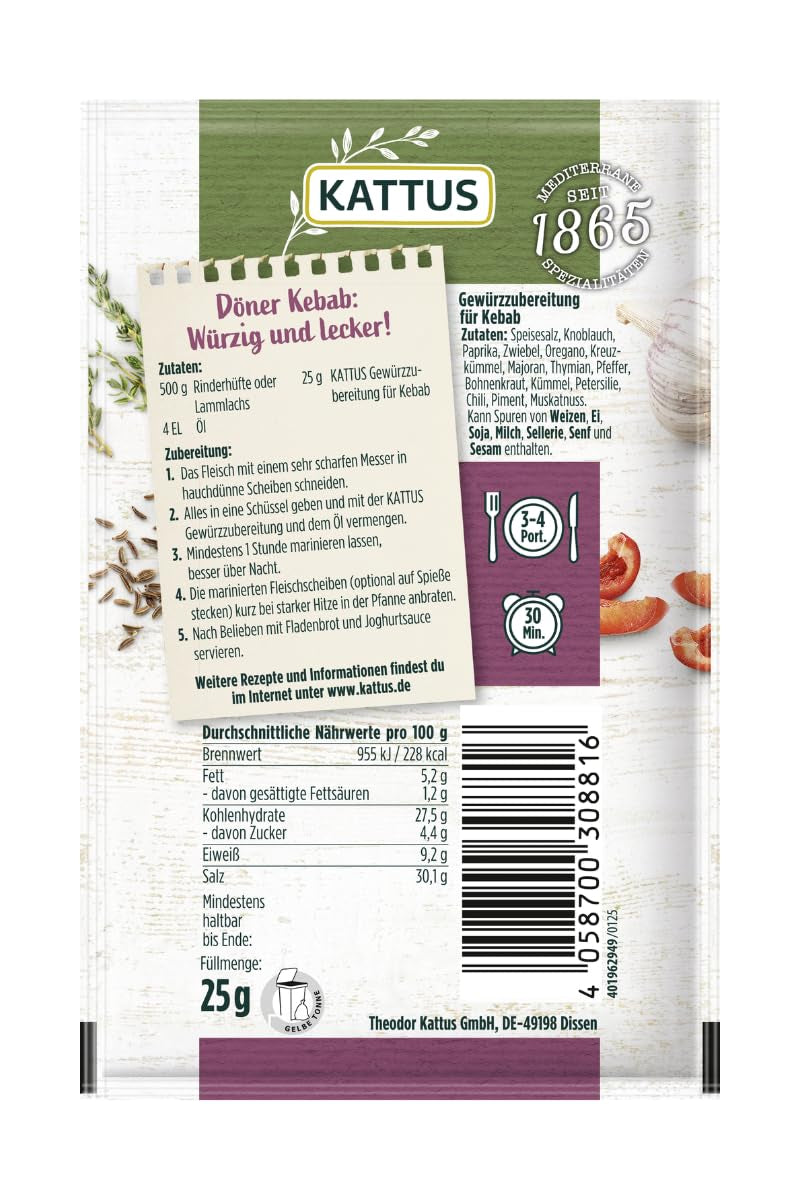 - Kebab Gewürzzubereitung | Condimento para 3-4 porciones | Ohne Zusatz de Fefeextrakt, Aroma und Zusatzstoffen | 25 gramos en bolsa