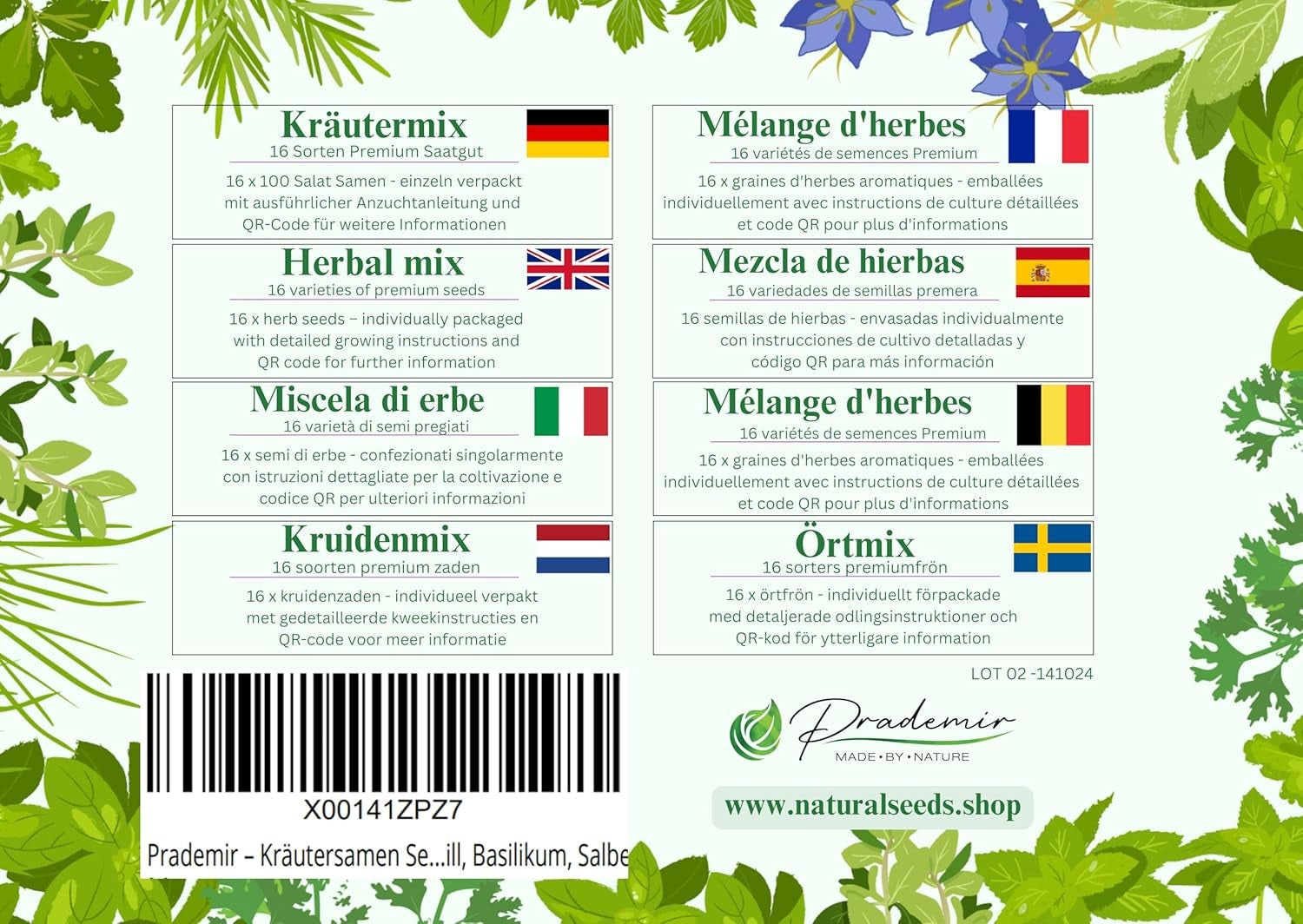 Prademir – Kräutersamen Set aus 16 beliebten Küchenkräutern – Kräuter Anzuchtset mit 100% Natursamen aus Portugal – Kräuter Saatgut con orégano, tomillo, mejorana, rosamarina, eneldo, albahaca, salvia uvm