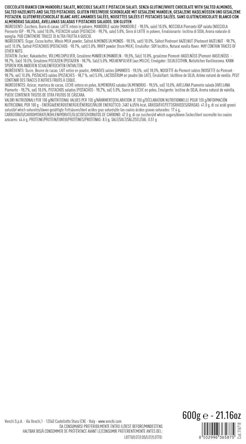 Venchi - Maxi Bar de chocolate blanco, salado, 600 g, sin gluten, sin colorantes artificiales y sin conservantes