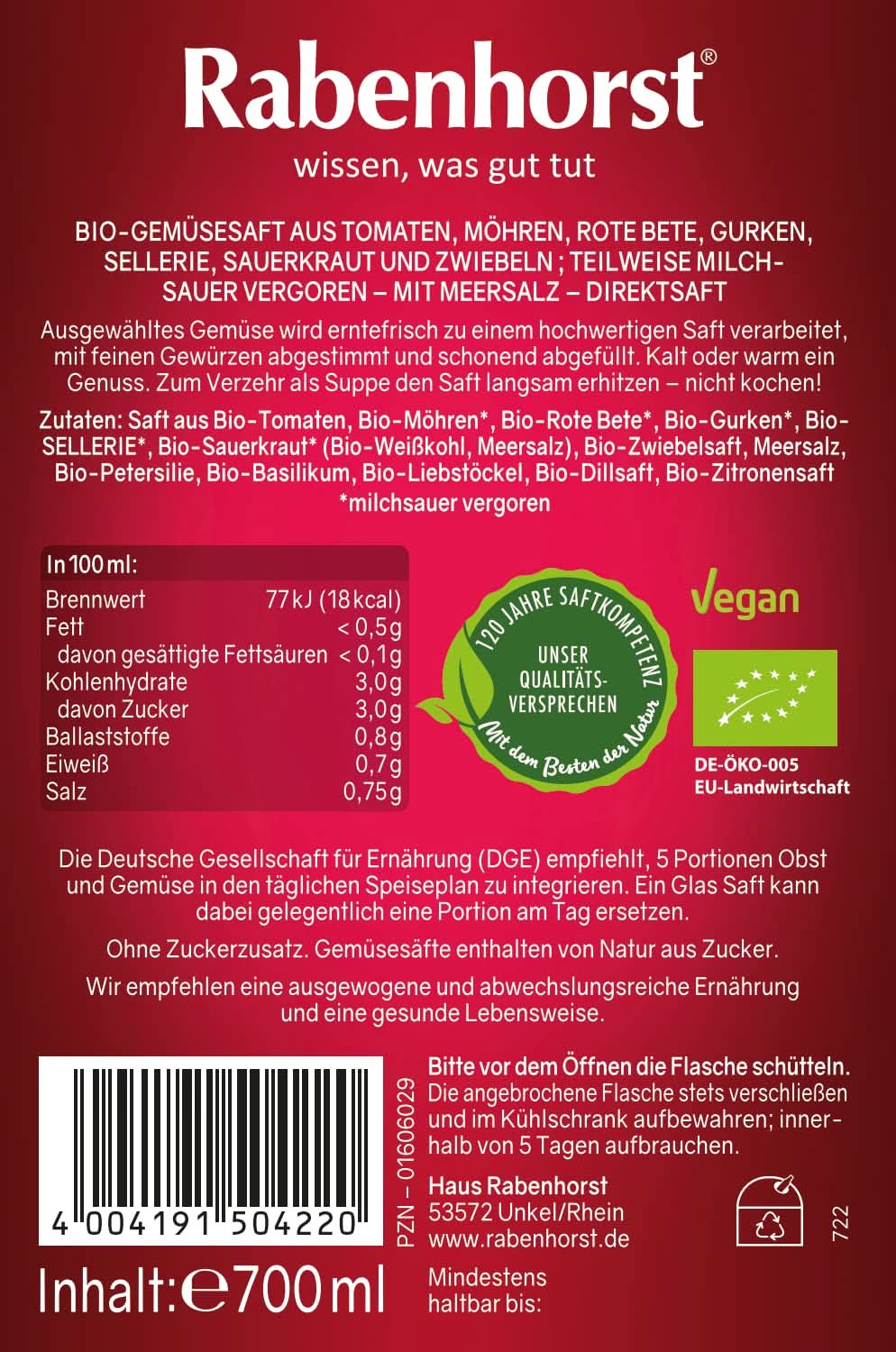 RABENHORST (6 X 700ml) - Zumo vegetal de alta calidad procedente de diversas verduras Bebidas sin alcohol Naty Shop