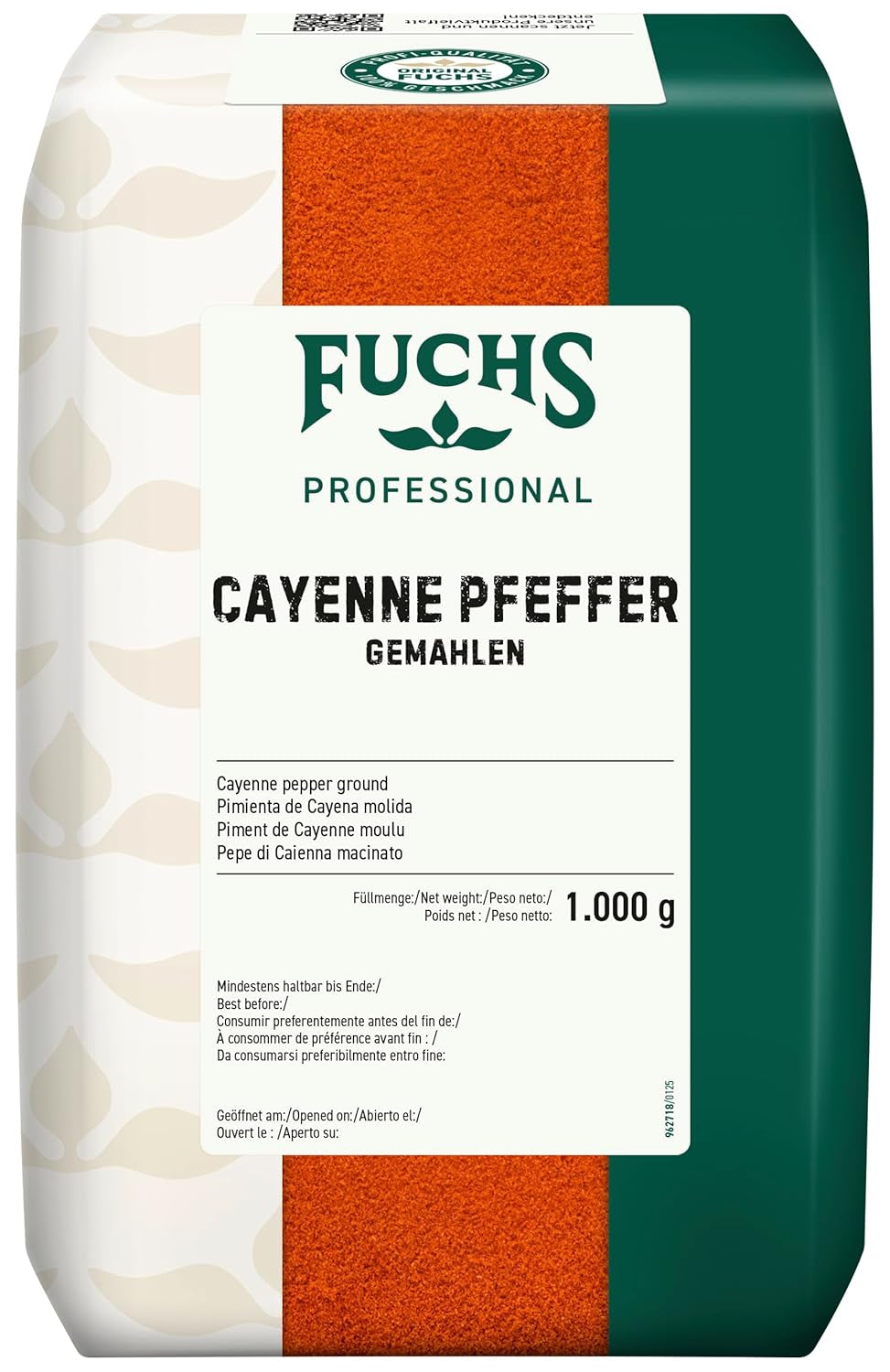 Fuchs Professional - Cayenne Pfeffer gemahlen | Scharfes Gewürz für Chili con Carne | Calidad profesional para grandes empresas gastronómicas y gastronómicas | Bolsa reciclable de 1 kg.