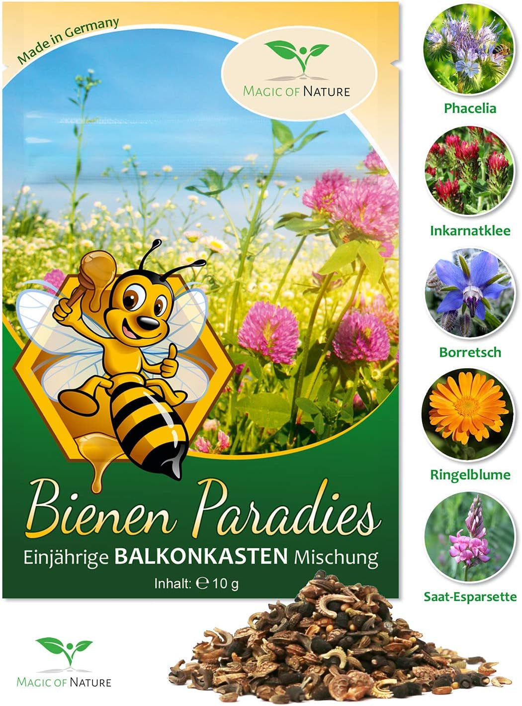 Magic of Nature Mezcla para cajas de balcón - 10 g de semillas - Plantas aptas para las abejas - Fácil de usar - Paraíso de las abejas - 5 especies nativas cultivadas - Adecuado para jardineras y maceteros