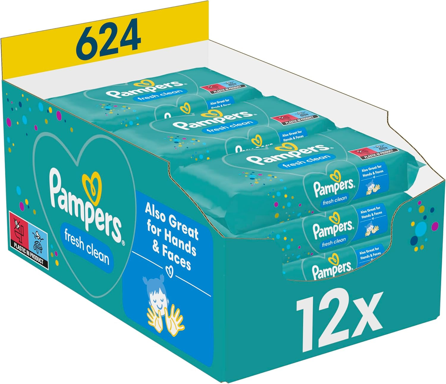 Toallitas húmedas Pampers Fresh Clean, 12 paquetes de 52 toallitas, 624 toallitas en total, aroma ligero, también adecuadas para manos y cara