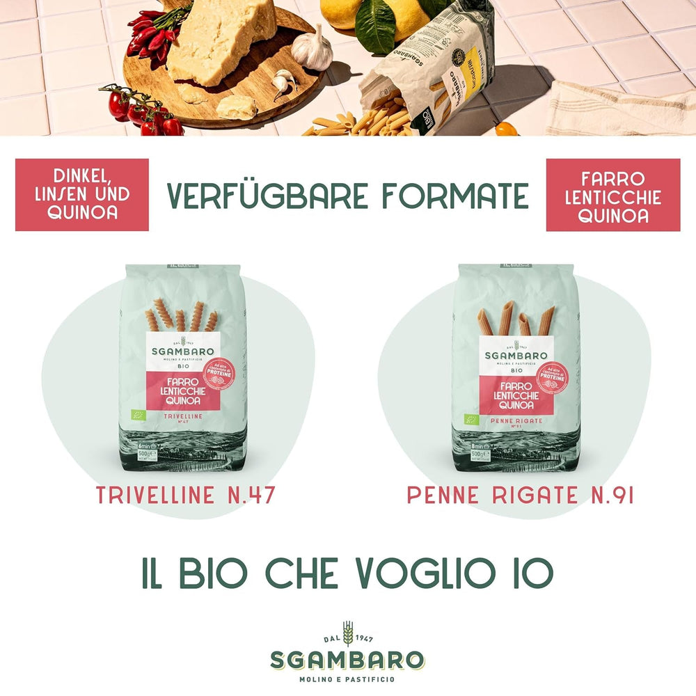 Paste organice Trivelline N.47 - 500g cu făină de spelta, făină de linte și făină de quinoa – Bogate în proteine, sursă de fibre și proteine