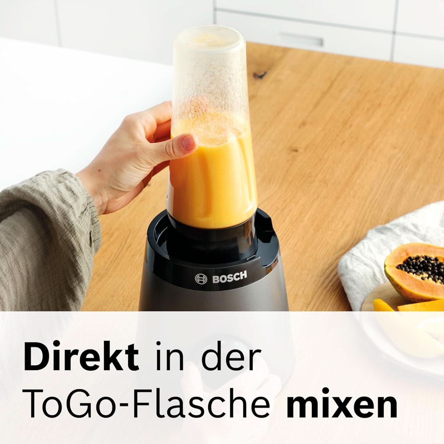 Bosch Batidora amasadora Vitapower Serie 4 MMB6174SN, Verbesserte Version, Hochwertige Edelstahl-Klingen, 1.5L Glassbehälter, 0.6L To-Go-Flasche, Spülmaschinenfeste Teile, 30.000 U/Min, 1200 W, Silver Kitchen Naty Shop