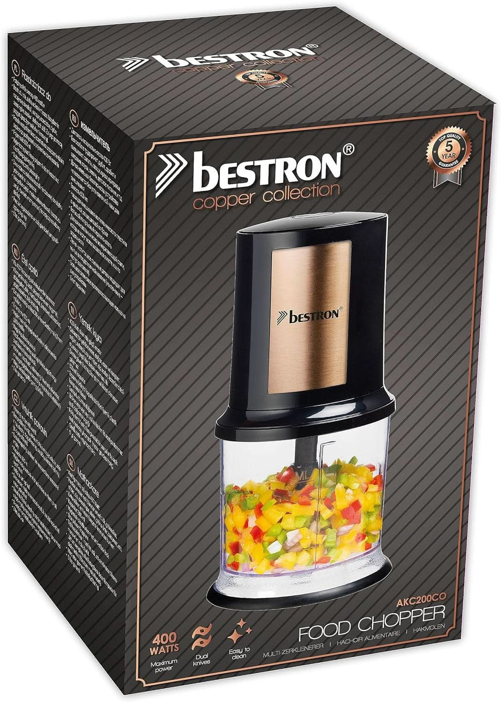 Bestron Elektrischer Multi-Zerkleinerer, Universalzerkleinerer Mit Zwei Schneidemessern & 500Ml Kapazität, Große Pulstaste, 400 Watt, Color: Kupfer Kitchen Naty Shop