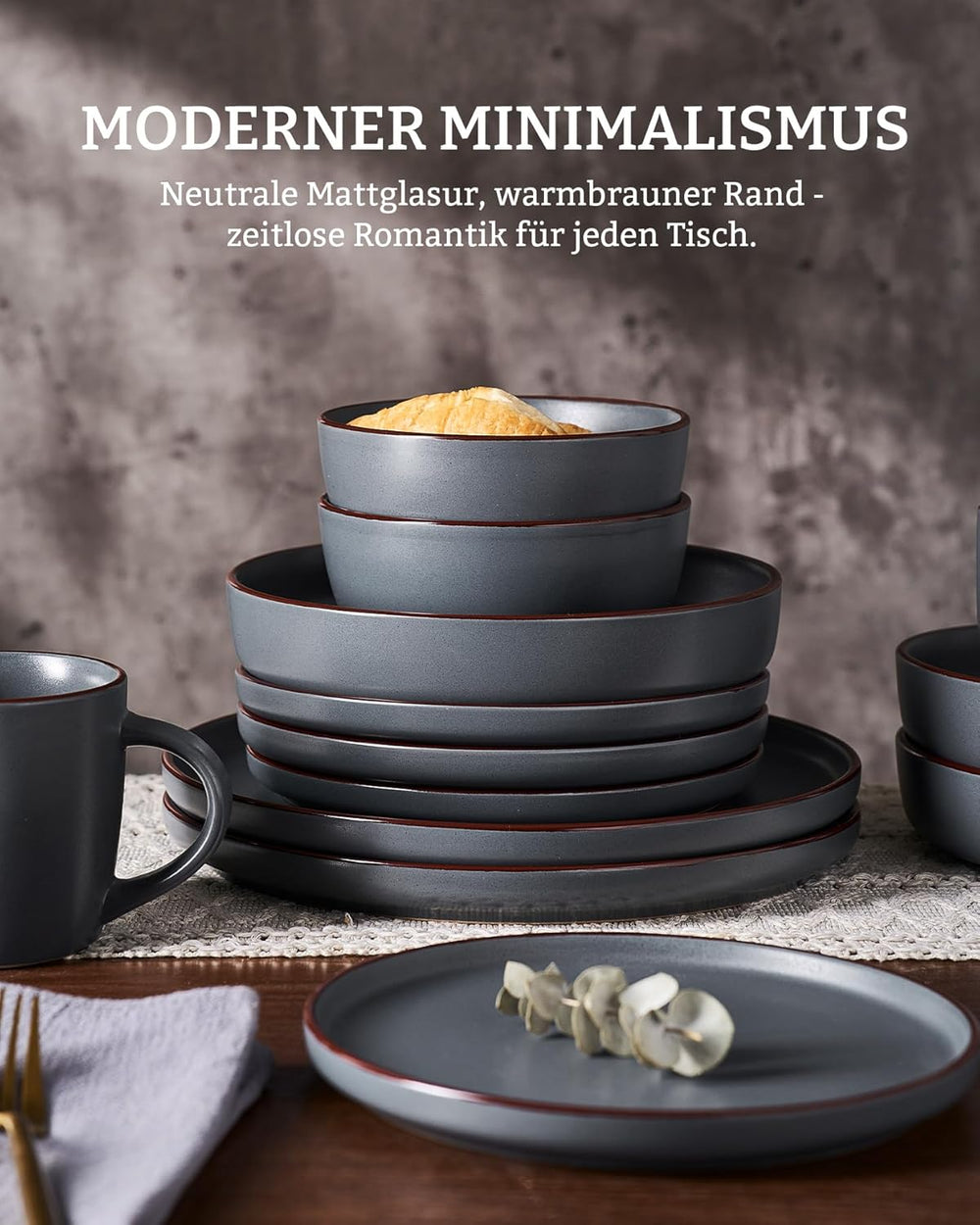Set de veselă Mercury, set de farfurii cu 12 piese, set de veselă din gresie pentru 4 persoane cu farfurii de cină, farfurii de desert, boluri pentru cereale, potrivit pentru cuptorul cu microunde și mașina de spălat vase, gri cărbune