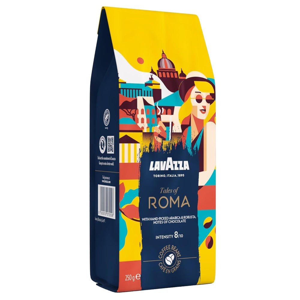 Lavazza, Tales of Roma, café en grano, ideal para máquinas de café Espresso, con notas de aroma a avellana y chocolate negro, Arábica y Robusta, 250 gramos Coffee Naty Shop 250 gramos Roma