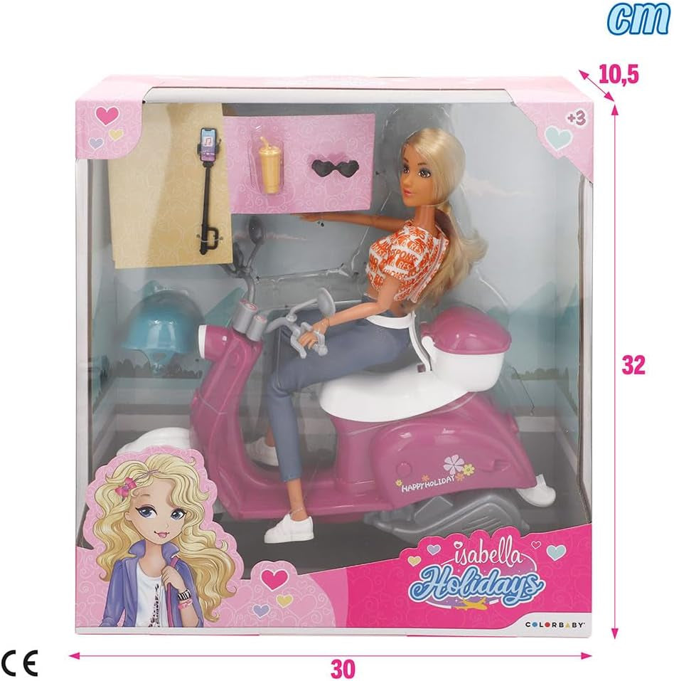 Isabella Gelenkpuppe mit Roller, 30 cm, Motorrad-Spielzeug, incluidos accesorios, Sonnenbrille, Handy, Selfie-Halterung, Helm, Refreshment, Puppen für Mädchen, Geschenke ab 3 Jahren (47812)