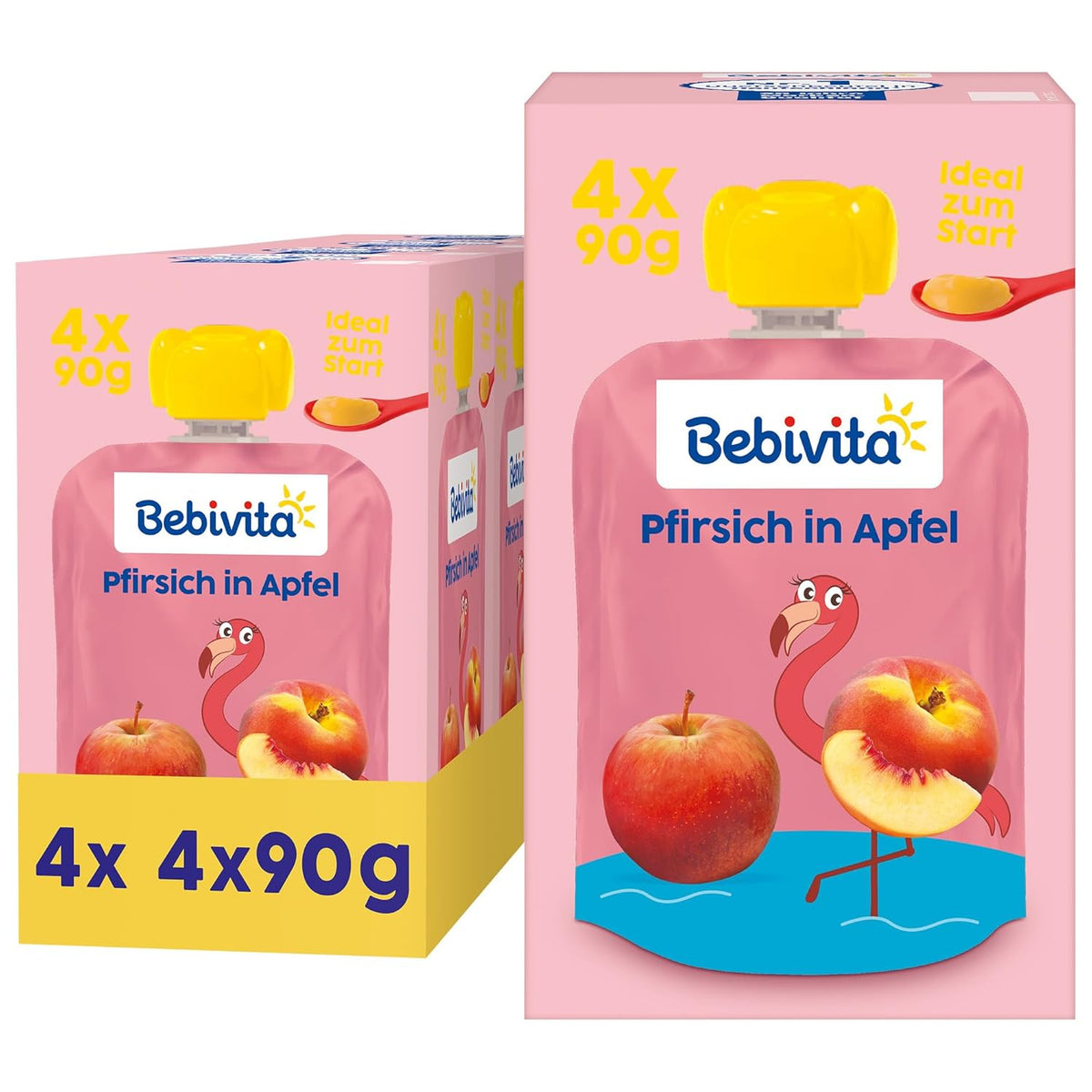 Bolsitas exprimibles de melocotón y manzana - Paquete de 16 (4 paquetes, 4 x 90 g cada uno), sin azúcar añadido, sin gluten, vegano, ideal para bebés a partir de 5 meses, perfecto para llevar