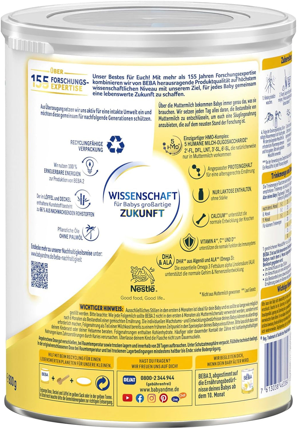 BEBA 2 - Leche de continuación a partir de los 6 meses, con complejo 5 HMO, contenido proteico adecuado a la edad, sin lactosa, sin aceite de palma, sin aceite de pescado, papilla, leche en polvo para bebés, paquete de 3 (3 x 800 g)